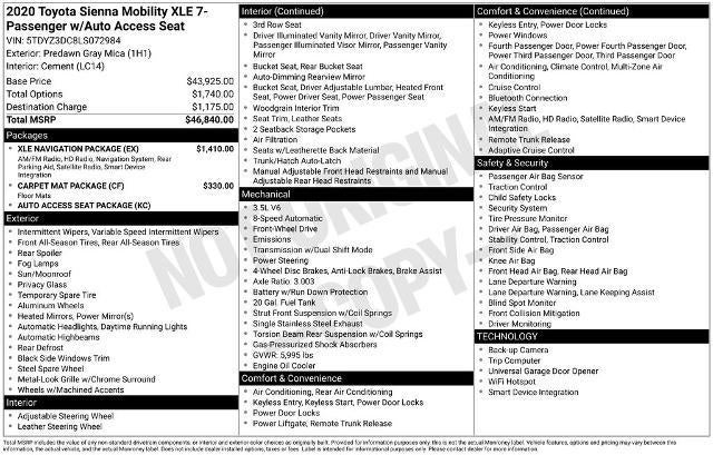 2020 Toyota Sienna XLE Auto Access Seat